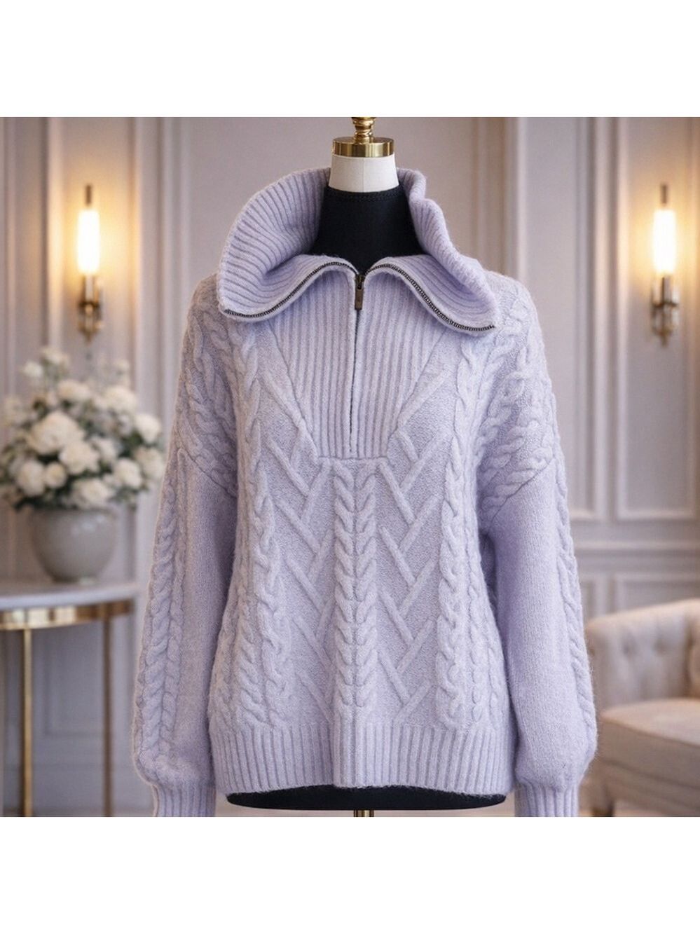Luxury "Line The Label" Lavender Cozy Cable Knit Quarter-Zip Sweater Size L BNWT